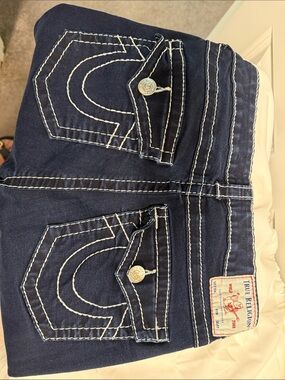True Religion Navy Denim Shorts with White Stitching